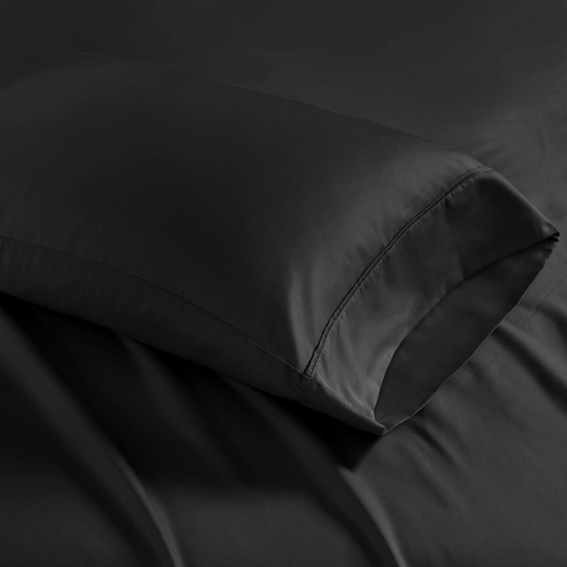 Grand drap 4 pièces en mélange de coton noir à densité de tissage 1500, tissage froissé, toucher doux, drap-housse à poche profonde, 2 taies d'oreiller, finition lavable à la machine, à plat et draps, lavable