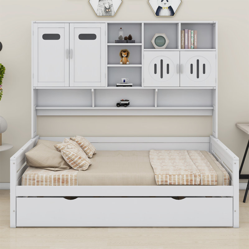 Wooden Daybed With Trundle,All-In-One Cabinet And Shelf, White, Full/Double