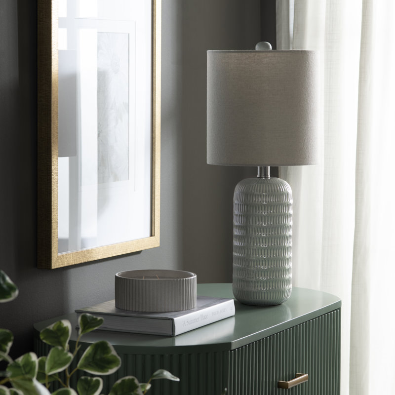 Set Of 2 Ceramic Table Lamp With Linen Shade, Cream, Green