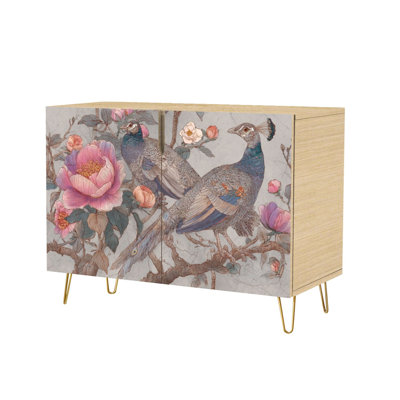 Sideboard Buffet Cabinet with Storage Vintage Botanical Garden Wall Art Peacocks Roses with 2 Doors for Living Room and Kitchen