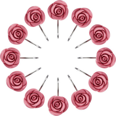 Rose Shower Curtain Hooks, 12PCS Anti Rust Decorative Resin Hooks for Bathroom, Baby Room, Bedroom, Living Room Decor (Pink Rose)