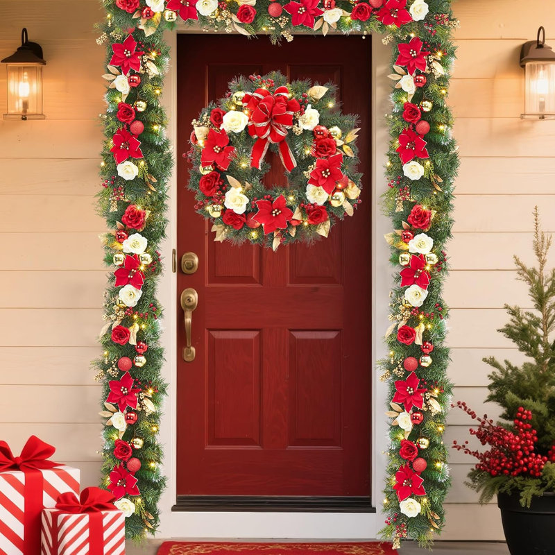 Couronne de Noël 24 pouces avec 20 lumières DEL, fleurs rouges et ornements pour la porte d'entrée