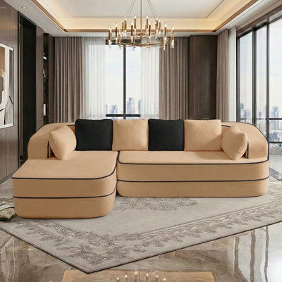 106" Teddy Fabric No Assembly 32D Boneless Sofa,Contrast color design,Fluffy Comfy Couch with L-Shaped Chaise,for Living Room(Camel Left Facing Chaise)