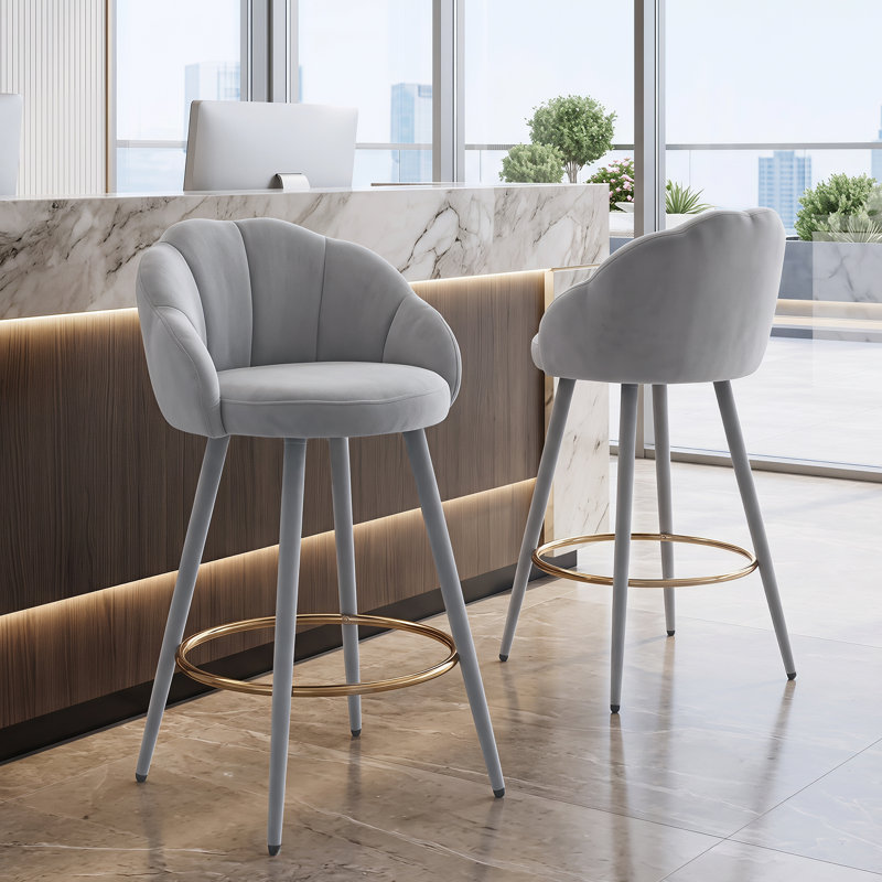Upholstered Bar Stool with Iron Frame, Gray, 2