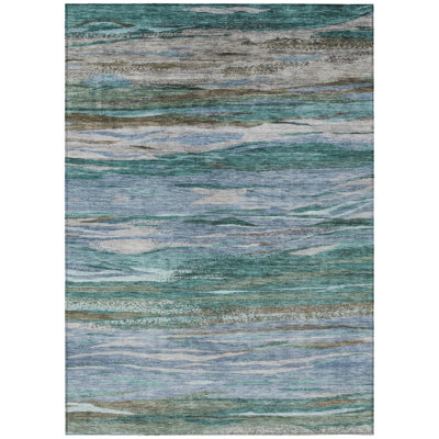 Machine Washable Indoor/Outdoor Xhevrie Teal Rug