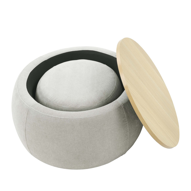 Burditt Round Fabric Upholstered Storage Ottoman, Light Gray