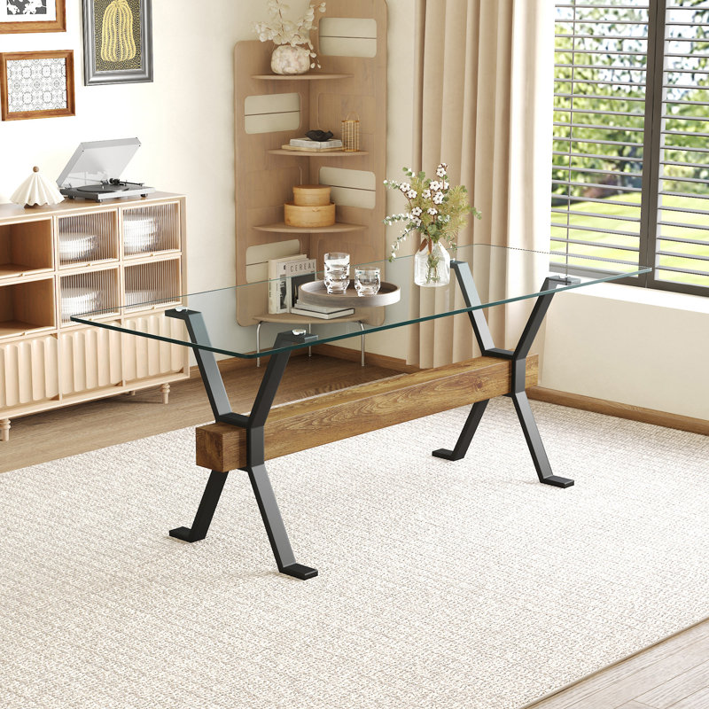 Table de salle à manger élégante en verre trempé transparent pouvant accueillir confortablement 6 à 10 personnes avec plateau épais durable et design minimaliste moderne.