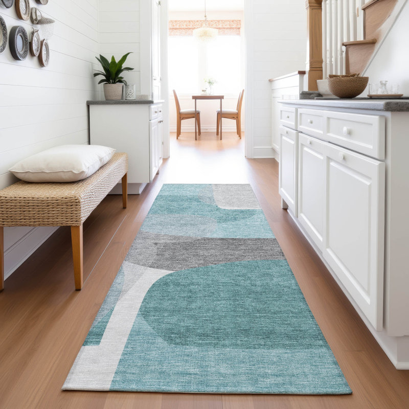 Machine Washable Indoor/Outdoor Xhevrie Teal Rug, Runner 2'3" x 7'6"