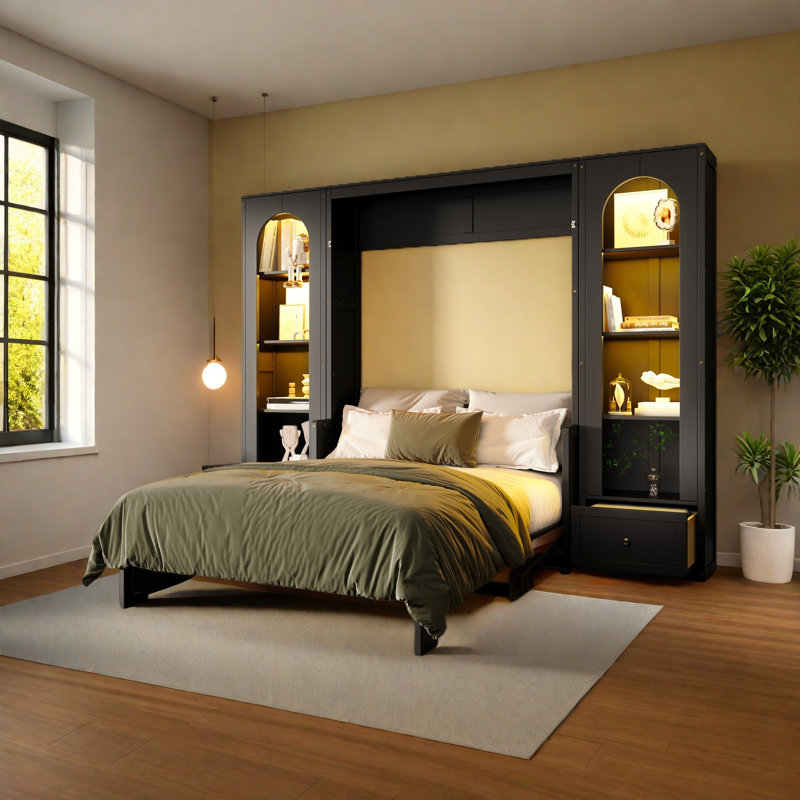 Grand lit plateforme escamotable avec tablette, armoires latérales, tiroirs et DEL