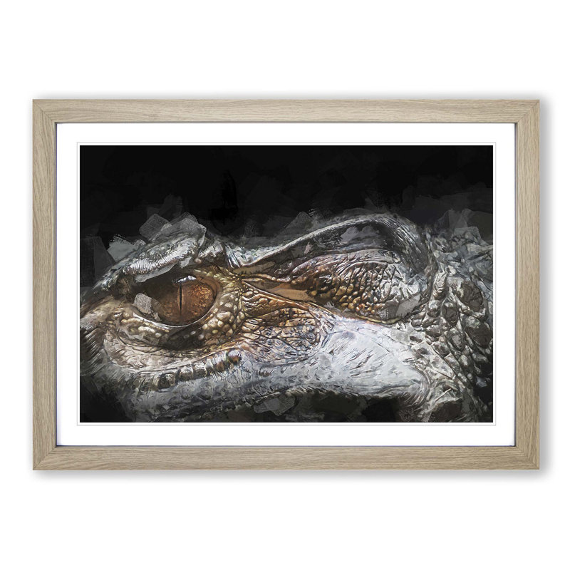 Alligator Watchful Eye in Abstract - Picture Frame Graphic Art Print, 48cm H x 65cm W x 2cm D, Oak Framed