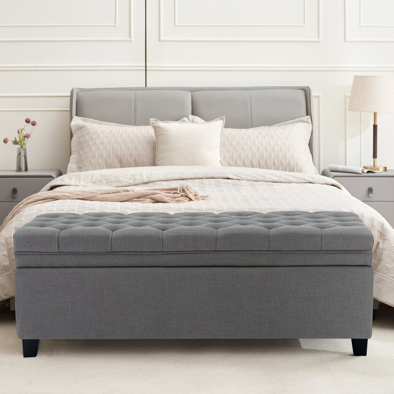 Cassina 51" Linen Upholstered  Storage Ottoman Bench , Dark Gray Linen