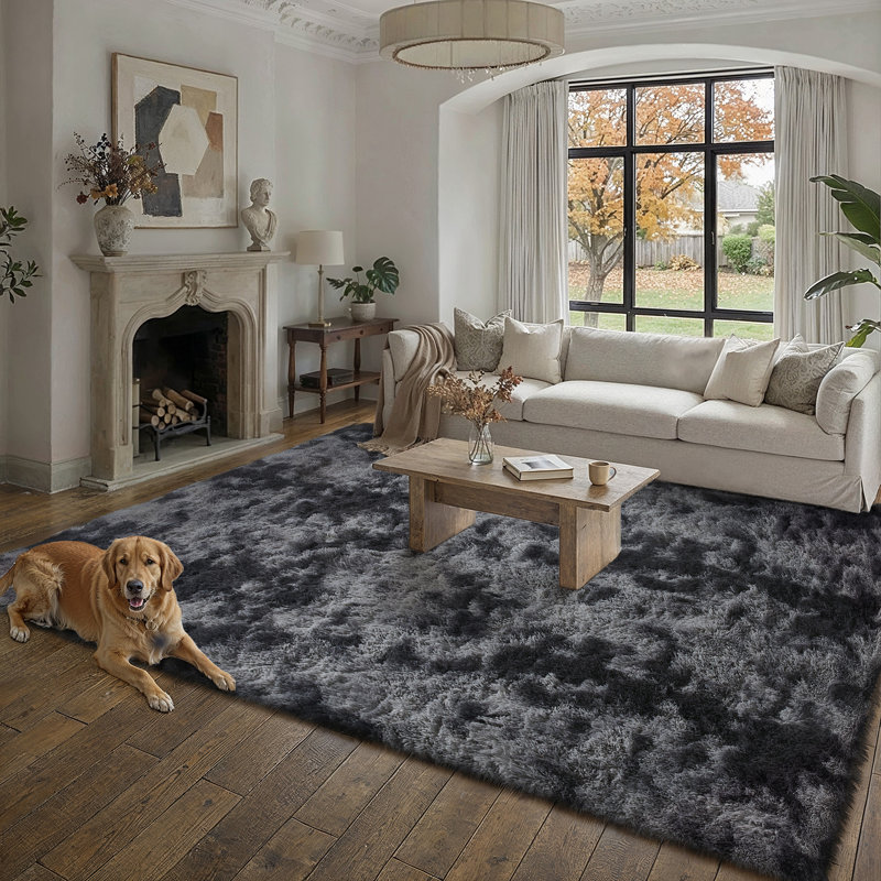 Tie Dye Shag Area Rug, Rectangle 8' x 10', Black