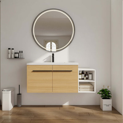 Meuble-lavabo mural avec lavabo en résine et tablettes de rangement modulaires