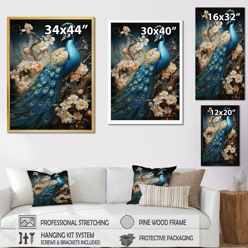 Ysaline Peacock Encaustic Portrait I - paon, art mural sur toile, Cadre simple noir, H 20 po x l 12 po