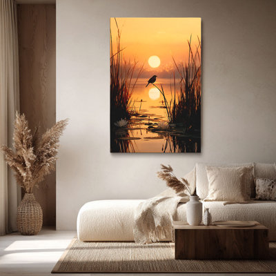 Cadre tendu avec toile tendue «Bird on Reed at Golden Hour» pour studio confortable