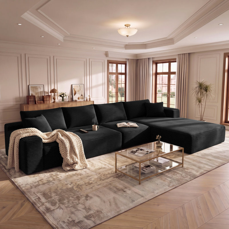 Canapé modulaire 135,4 po pour salon modulaire en L en velours côtelé rembourré à compression, Velours côtelé noir
