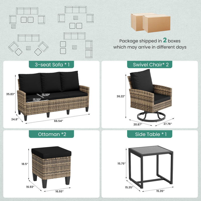 Ensemble de conversation modulaire en osier pour 5 personnes avec repose-pieds, Black, Yellow