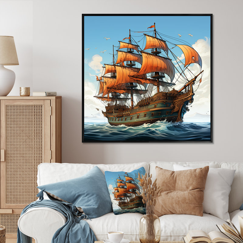 Dessin d'aventure, bateau pirate - Art mural, H 16 po x l 16 po x P 1 po, Cadre flottant noir