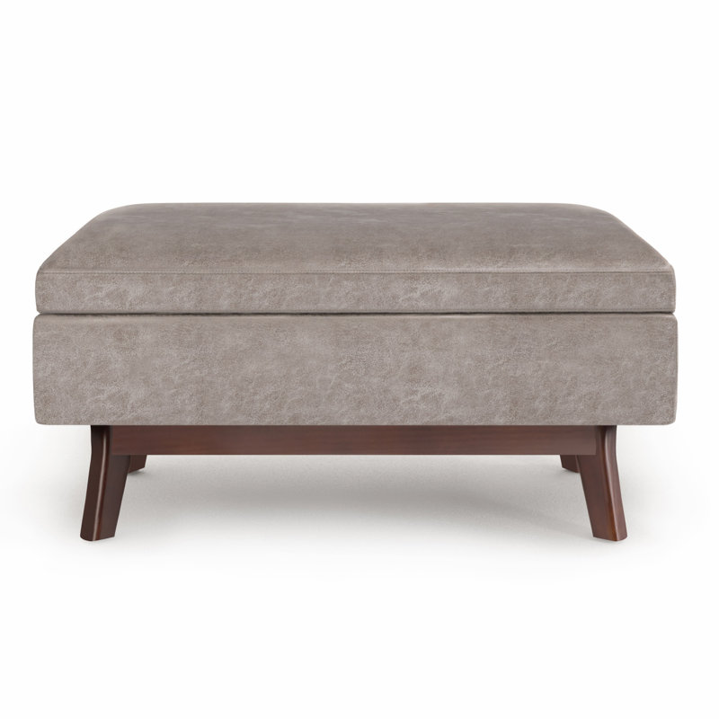 Owen 36"W Upholstered Mid-Century Modern Rectangular Lift-Top Ottoman with Tufted Detail, Distressed Gray Taupe Faux Leather