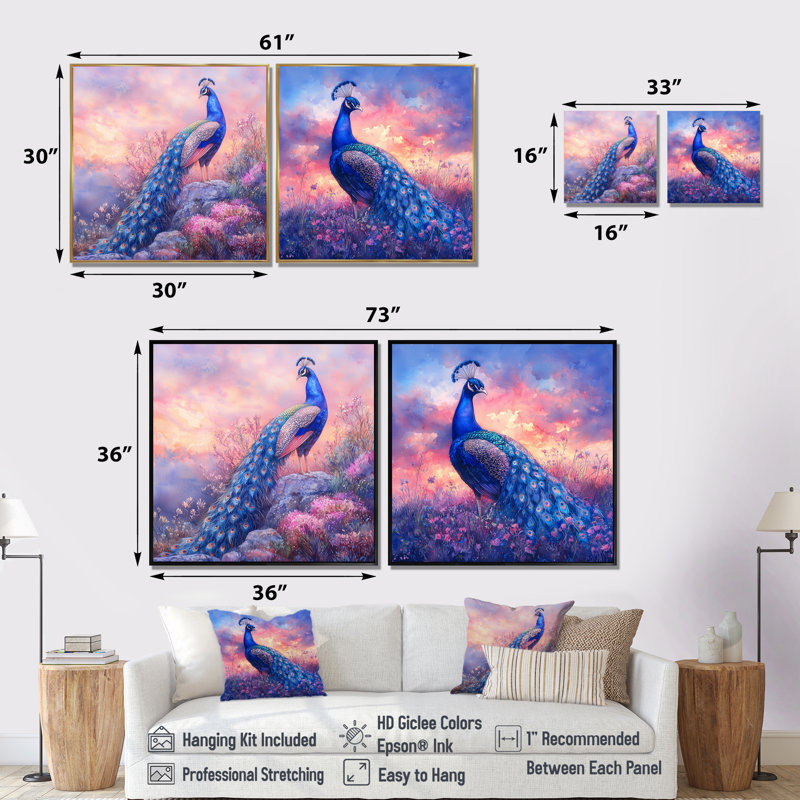 Paon dans un champ de lavande I - décoration murale oiseau - art mural moderne 2 pièces, H 16 po x l 33 po, Cadre flottant