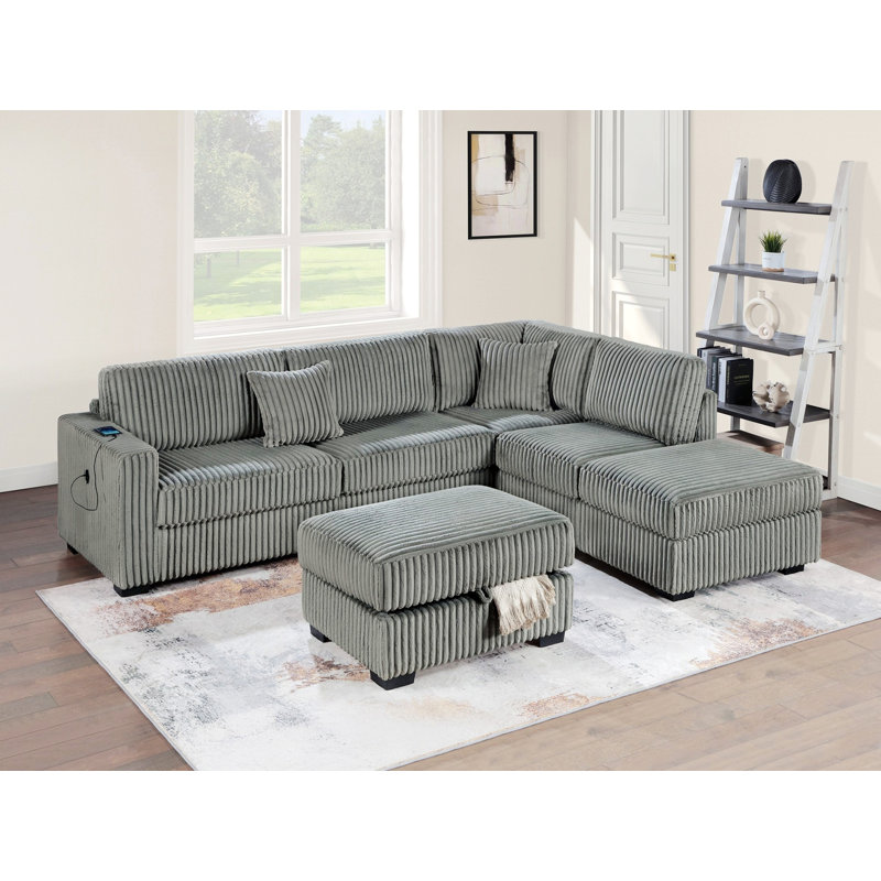 Canapé modulaire rembourré avec USB et repose-pieds avec rangement, Fumée