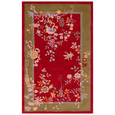 Tapis floral rouge / vert en laine / coton touffeté à la main Shrinivas