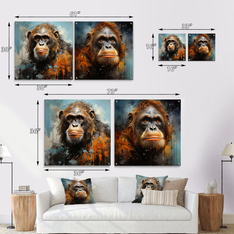 Orang-outan orang-outan, ensemble de 2 art mural en verre acrylique, H 16 po x l 33 po