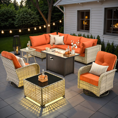 Emroy 6 - Person Outdoor Wicker Sectional Seating Group with Lighted Coffee Table and Swivel Chairs, All Weather Modular Rattan Conversation Set with Cushions