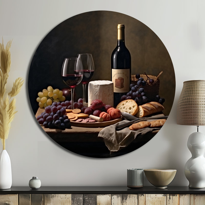 «Cheese and Wine II - Food & Beverage», art rond en métal, H 16 po x l 16 po