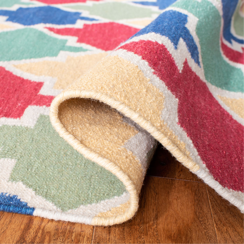 Rodgers Hand Woven Flat Weave Wool/Cotton Geometric Rug in Red/Blue/Green, Rectangle 3' x 5'