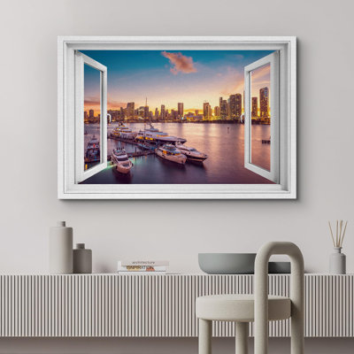 Fenêtre de paysage «Vue de la fenêtre, coucher de soleil sur la marina, chalet, bord de mer, nautique, nature, décor, paysage rustique» sur