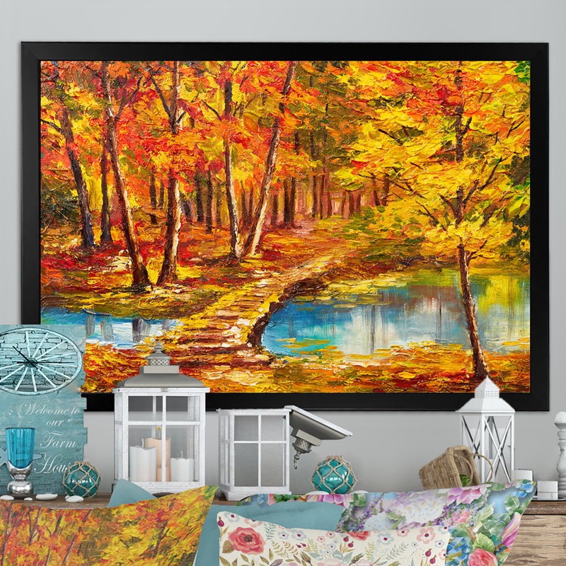 Pont en forêt d'automne - Reproduction de photo sur toile, Toile avec cadre noir, H 24 po x l 36 po x P 1 po