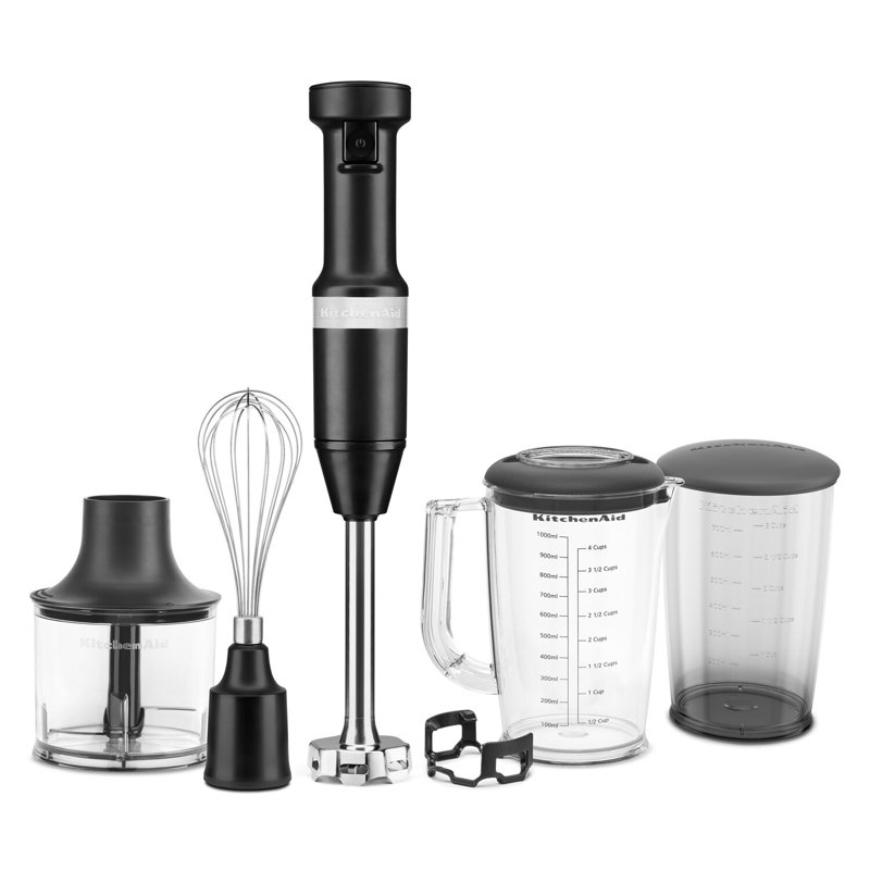 KitchenAid Variable Speed Hand Immersion Blender with 8” Removable Arm, Whisk, Chopper & Blending Jar in Aqua, Black Matte