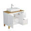 Ensemble de meuble-lavabo moderne avec lavabo, portes et grand tiroir, système à clous doux, conception sans poignée, plateau et pieds en bois massif naturel, lavabo rond en céramique sur le comptoir, blanc brillant