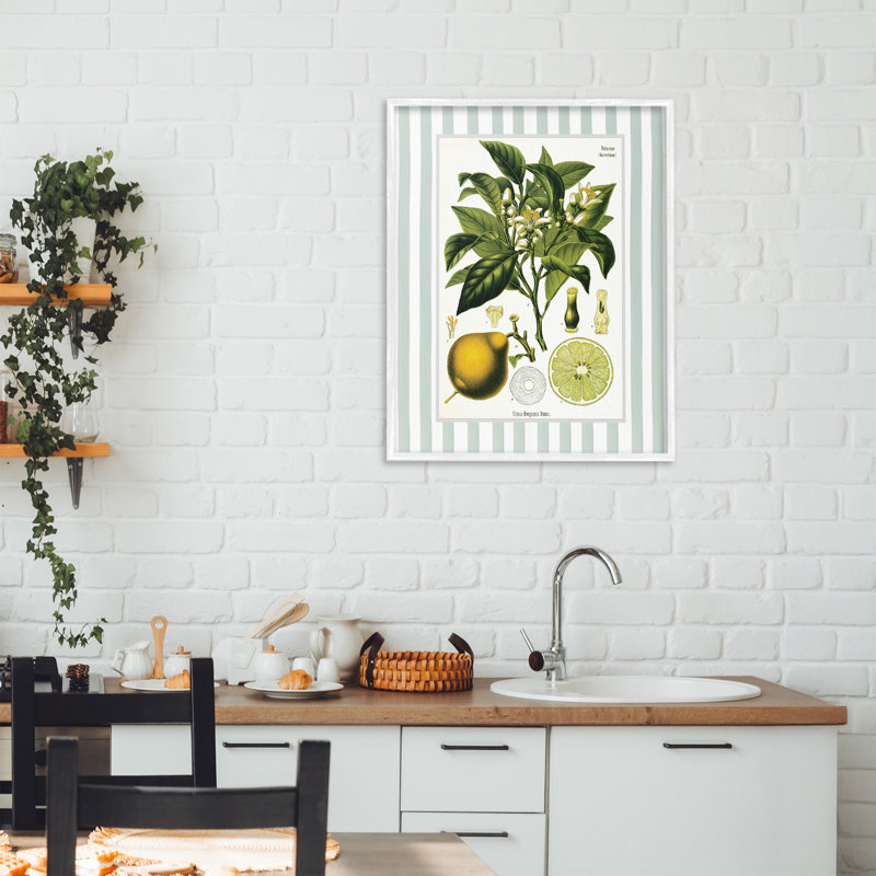 Giclée à rayures vertes Lemon Plant, par Lettred and Lined, H 20 po x l 16 po, Estampe numérique encadrée blanc bord de mer