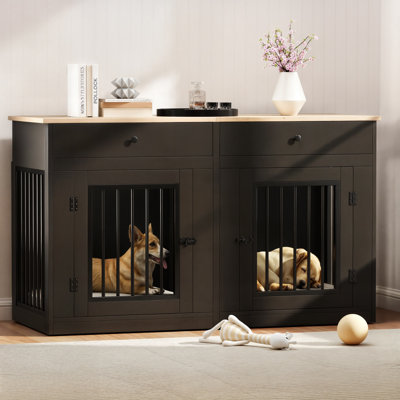 Wooden Large Double Dog Crate Furniture, with Removable Divider, Drawers