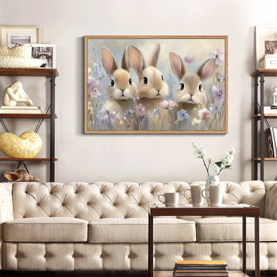  Framed Easter Bunny Wall Art - Spring Canvas Wall Decor, Bunny Pictures with Flowers Artwork for Living Room or Nursery, Floater Frame, 18×24 inches