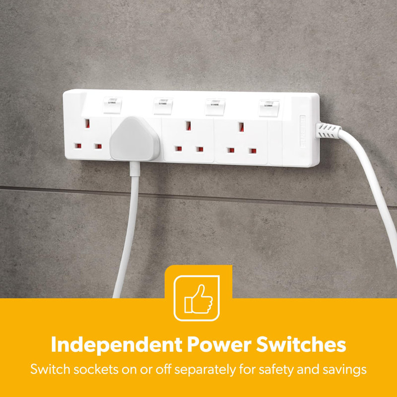 GEEPAS 4 Gang Extension Lead, 2M Cable | 4-Way Plug Extension Cable | Wall Mountable & Multi Socket Mains Strip With Individual Switches For Home Office | Heavy Duty UK Plug | White