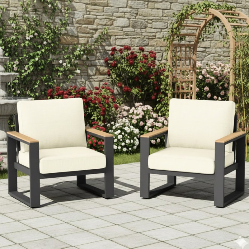 Fauteuils de patio de 28,6 po en aluminium toutes saisons avec coussins beiges épais, hauteur réglable pour les surfaces inégales, conception ergonomique des sièges confortables, confort optimal