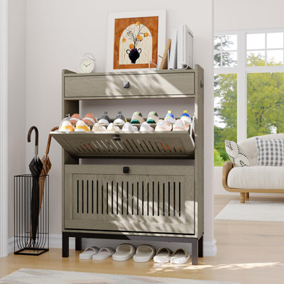 Armoire de rangement pour chaussures d'entrée avec 2 tiroirs rabattables et un tiroir supérieur, étagère à chaussures creuse avec tablettes réglables et anti-basculement - gris