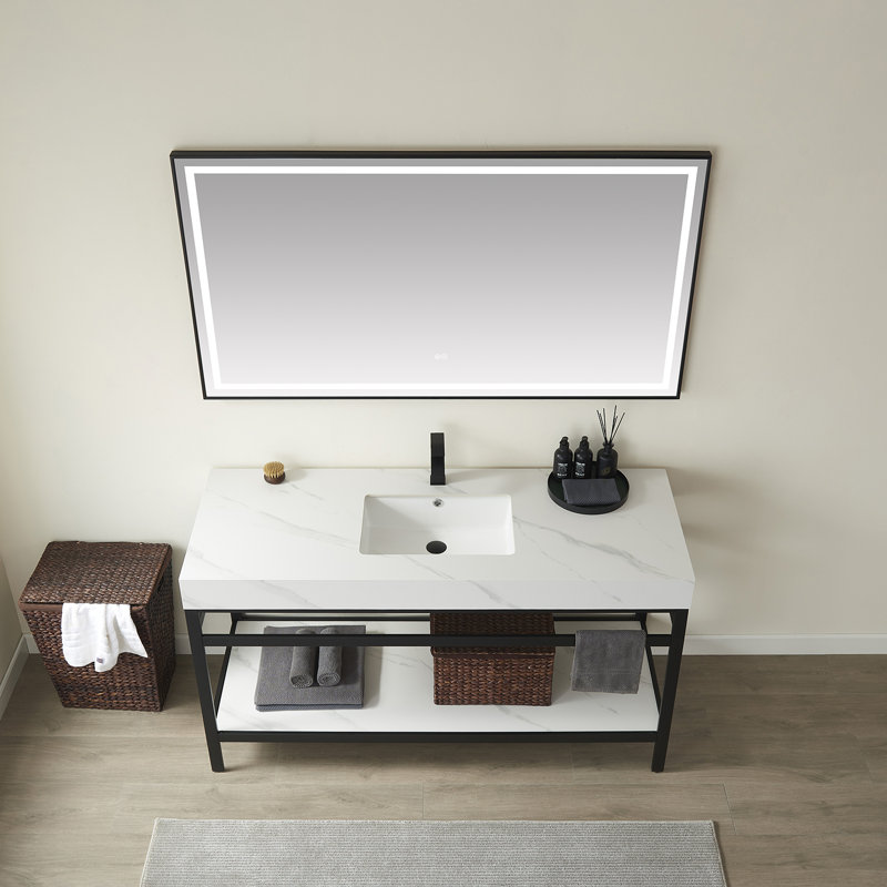 Funes 60" Matte Black and White Single Bathroom Vanity with Stone Top