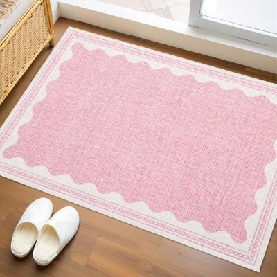 Door Mat Indoor Rugs For Entryway Small Rug 2x3 Feet Washable Non-Slip Solid Pink Modern Minimalism Low-Pile Scalloped Throw Carpet Bedroom Kitchen Bathroom Entrance