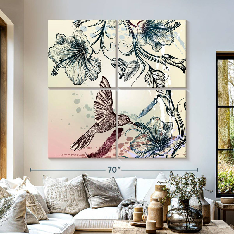Colibri ronce et fleurs d'hibiscus, H 26 po x l 26 po