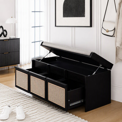 Banc de rangement pour chaussures de 48 po, banc de rangement rétro avec tiroirs en rotin et coussin amovible rembourré à boutons