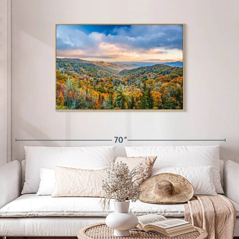 Smoky Mountains at Fall, Cadre flottant en bois naturel, 43 po x 29 po