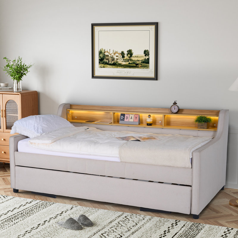 Daybed With Trundle, USB Charging Ports, Strip Lights And Storage Shelves