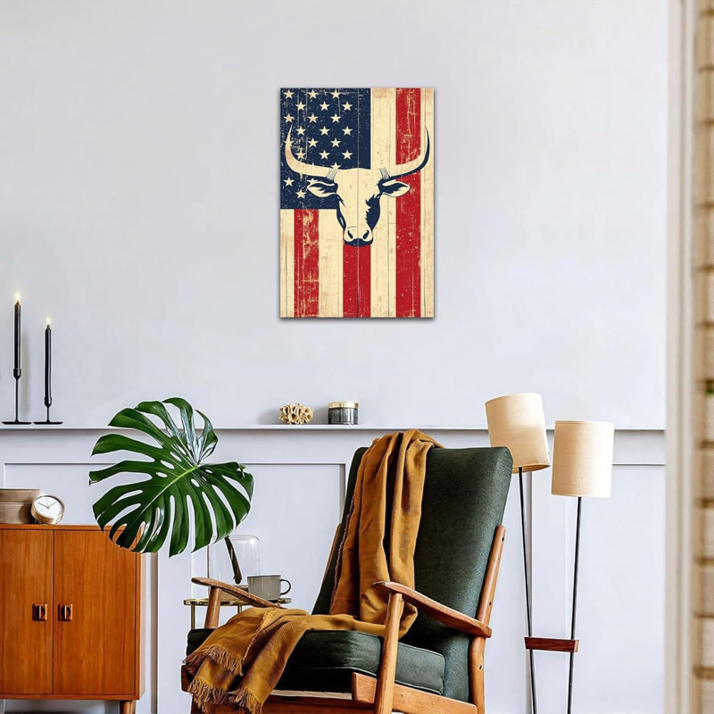 «Longhorn Cow», art patriotique sur toile, drapeau occidental rétro de 18 po x 24 po