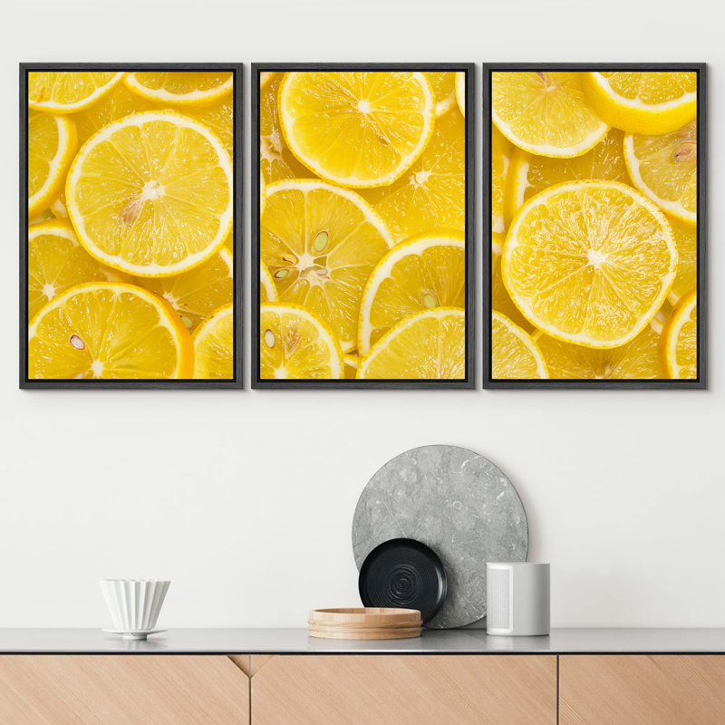 Impression de cuisine sur fond de citrons mûres tranchées sur toile, 3 pièces, Cadre flottant noir, H 24 po x l 16 po