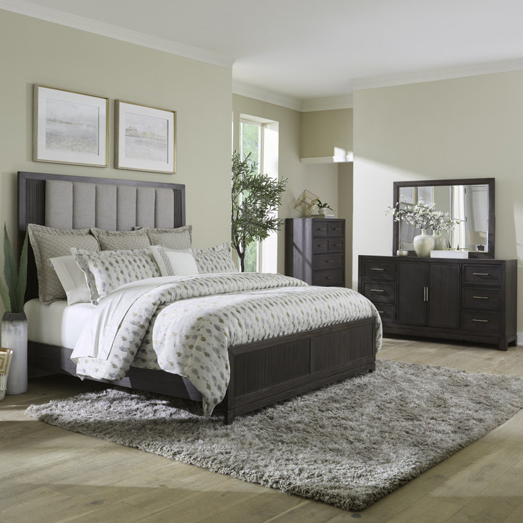 Keniston Upholstered Bed, Dresser & Mirror, Chest