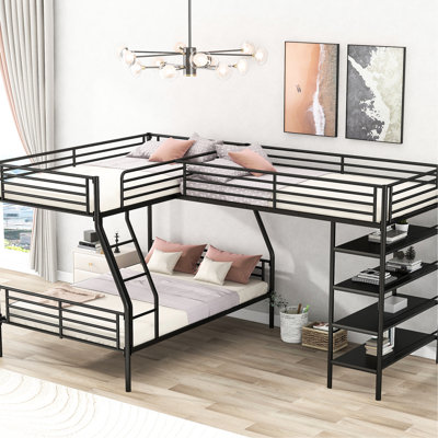L-shaped Bunk Bed With Storage - Metal Construction In Black Twin Over Full And Loft, Black, 4 Shelves